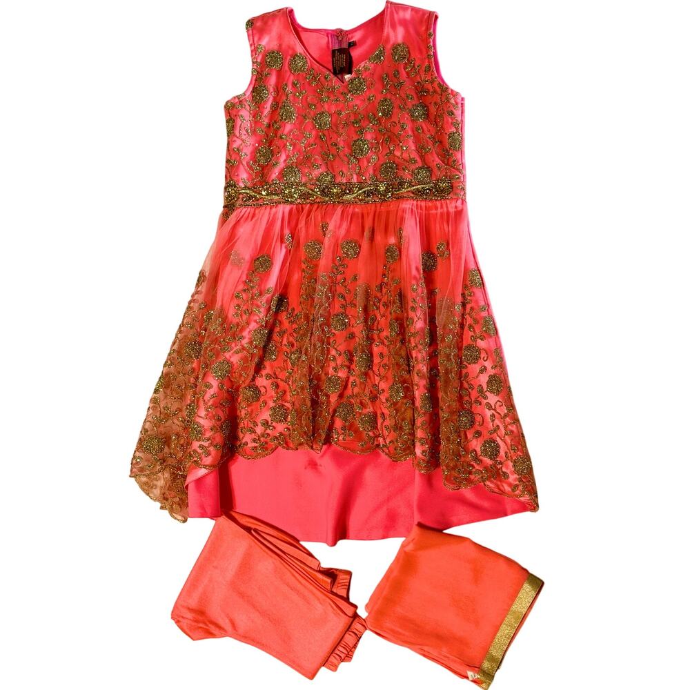 Roopam Sarees Girls 3pc Coral Pink Gold Embroidered Lehenga Tunic Set Size 32